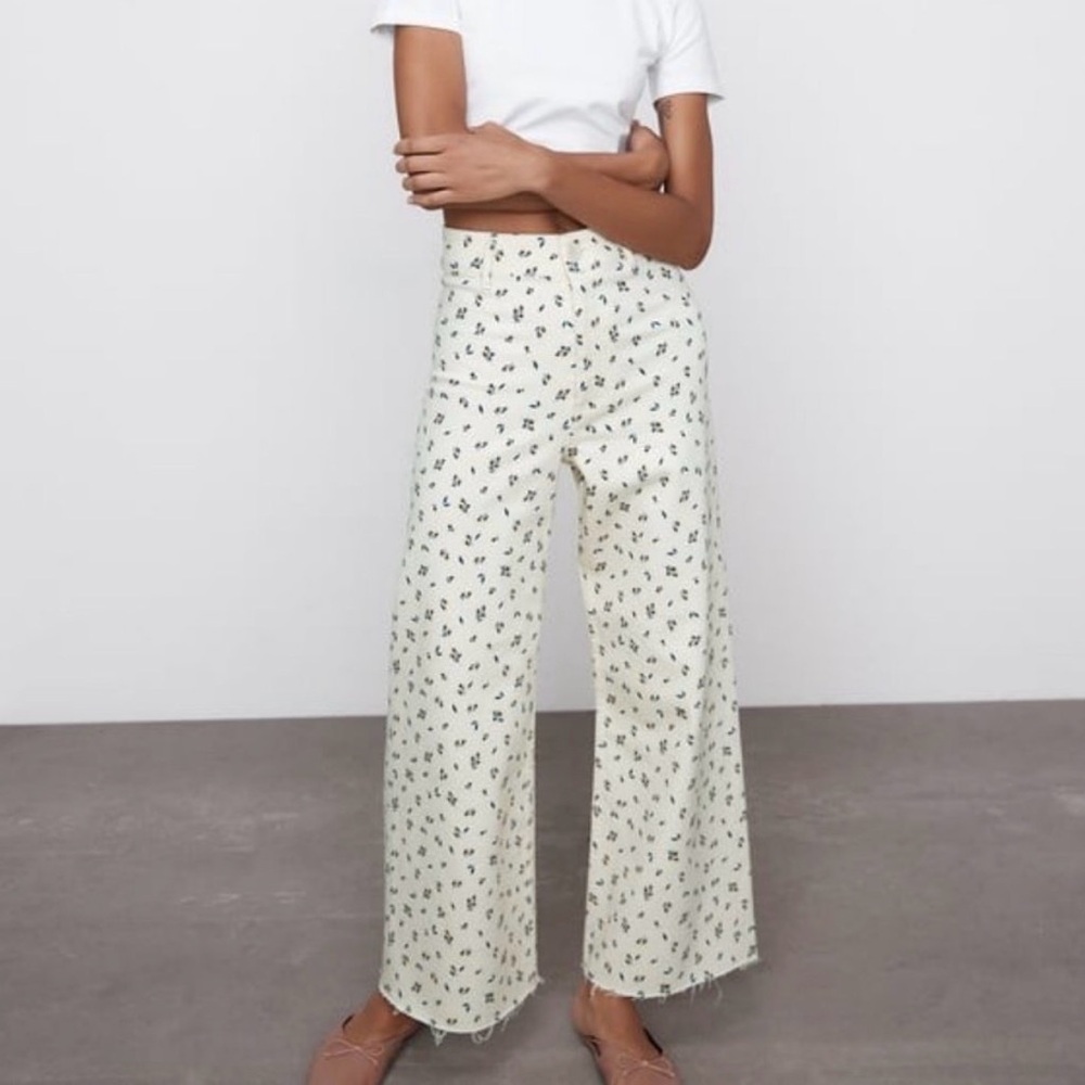 Zara The Marine Cream Wide-Leg Floral Print Pants